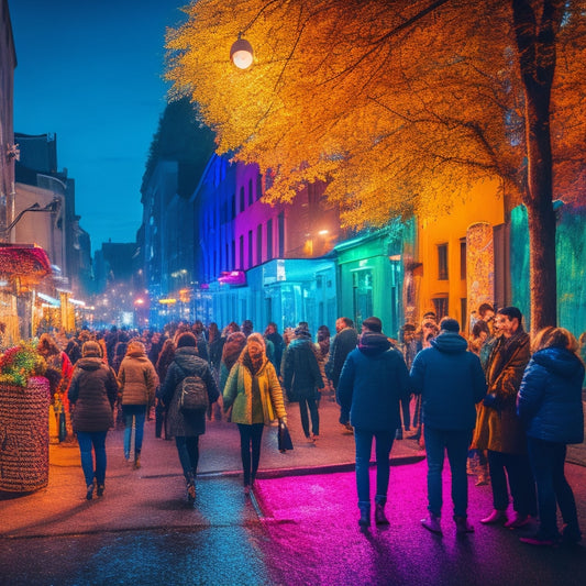 A vibrant, nighttime cityscape of Berlin's Kreuzberg neighborhood, featuring a colorful street art mural, twinkling string lights, and a crowd of diverse, stylishly dressed individuals gathered outside a trendy art gallery.