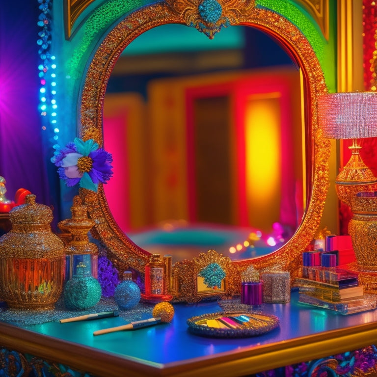 A vibrant, ornate mirror reflecting a dance makeup artist's organized workstation, adorned with colorful makeup palettes, brushes, and sparkling costume pieces, surrounded by a halo of stage lights.