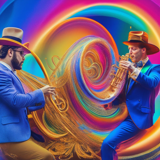 A vibrant, dynamic illustration of a tubist and pianist in mid-performance, surrounded by swirling notes and rhythmic patterns, with bold, expressive brushstrokes and a kaleidoscope of colors.