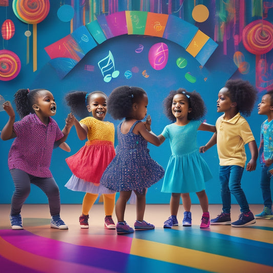 A whimsical illustration featuring a group of diverse children, ages 4-8, in a colorful dance studio, surrounded by musical notes and dance-themed dots, connected by subtle, swirling lines, showcasing joyful movement.