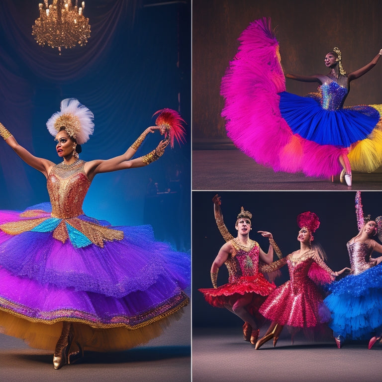 A vibrant stage scene showcasing diverse dance costumes: a flowing ballet tutu, a sequined jazz outfit, a sleek hip-hop ensemble, and a colorful flamenco dress, all arranged artistically with dance shoes and accessories.