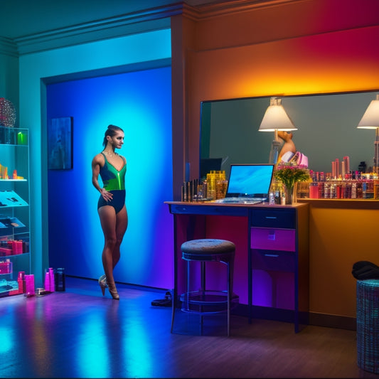 A dimly lit, sleek dance studio with a large, wall-mounted mirror reflecting a woman in her 30s, wearing a leotard, with a laptop and makeup brushes nearby, surrounded by colorful dance shoes and cosmetics.