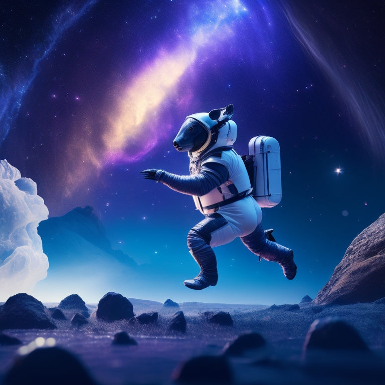 A surreal, dreamlike scene featuring a cosmic, starry background with Destiny, a mystical, glowing figure, dancing with Captain Skidmark, a quirky, anthropomorphic skunk in a spacesuit, amidst swirling, ethereal mist.