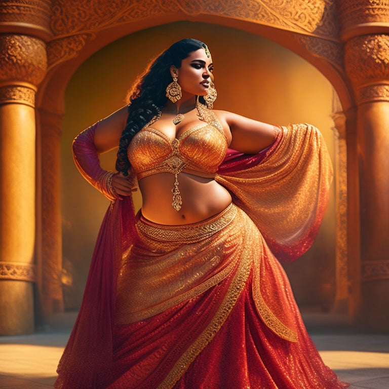 A warm-toned, golden-lit illustration of a confident, curvy woman in a flowing, jewel-toned skirt, posing in a dramatic, sensual belly dance pose, surrounded by subtle, swirling patterns and hints of Middle Eastern architecture.