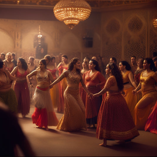 A warm, golden-lit dance studio with a few women of diverse ages and body types, each confidently posing in a different belly dance move, surrounded by Middle Eastern-inspired patterns and fabrics.