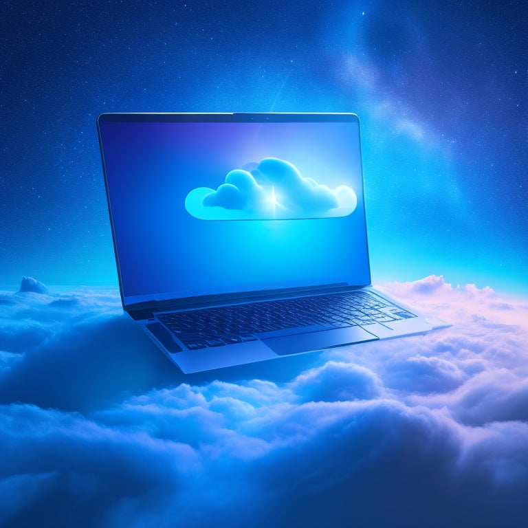 A stylized illustration of a key unlocking a laptop, with a subtle glow emanating from the screen, surrounded by faint, swirling clouds and subtle, shimmering stars, on a soft, gradient blue background.