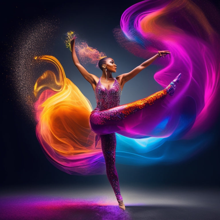 A vibrant illustration of a dynamic dancer in mid-pose, surrounded by swirling colors and shapes, with musical notes and creative sparks radiating outward, conveying energy and inspiration.