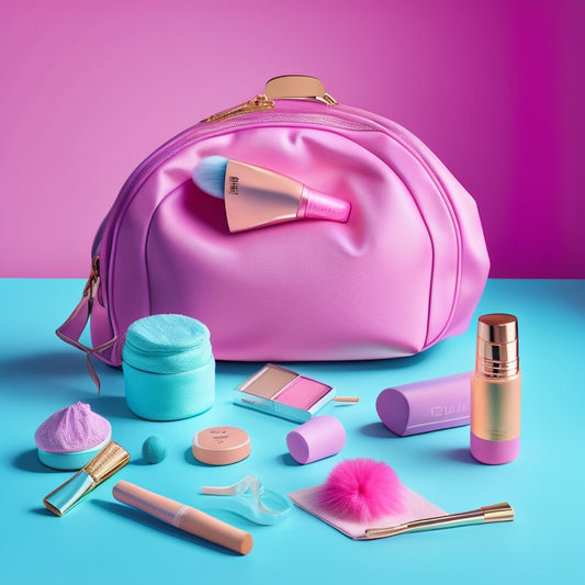 A vibrant, pastel-colored makeup bag with a ballet-inspired design, surrounded by dance-themed accessories like pointe shoes, a dance barre, and a few scattered makeup brushes.