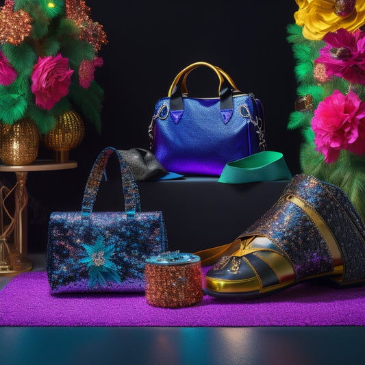 A vibrant scene featuring three stylish dance performance bags, each uniquely designed. One bag with sequins, another in a sleek black material, and a third in bright floral patterns, all surrounded by dance shoes and accessories.