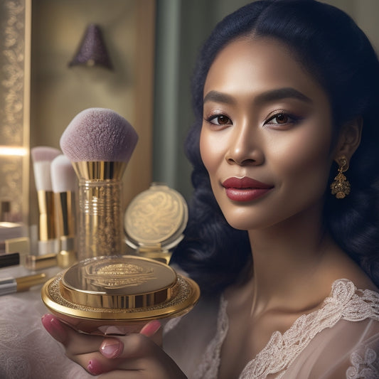 A serene, golden-lit portrait of Moani Lee, with a gentle, enigmatic smile, surrounded by elegant makeup brushes, compacts, and vials, amidst a delicate, lace-trimmed backdrop of soft, muted hues.