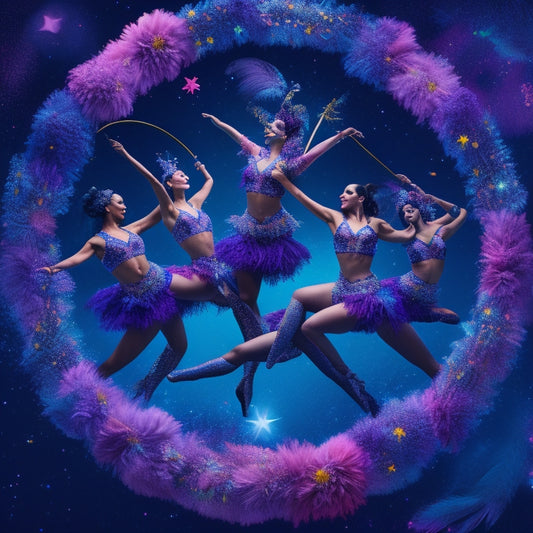 A colorful, whimsical illustration of multiple pole dancers in various dynamic poses, surrounded by swirling patterns, feathers, and flowers, set against a dark blue or purple background with twinkling stars.