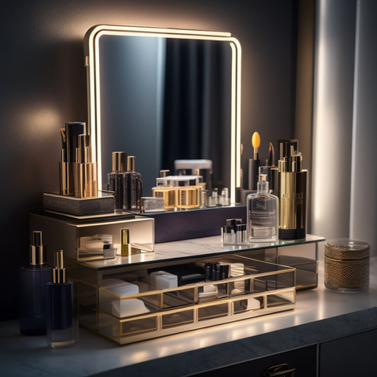 A tidy, well-lit vanity with a sleek, mirrored surface, featuring a neatly organized dance makeup kit with labeled drawers, stacked containers, and a rotating makeup organizer.