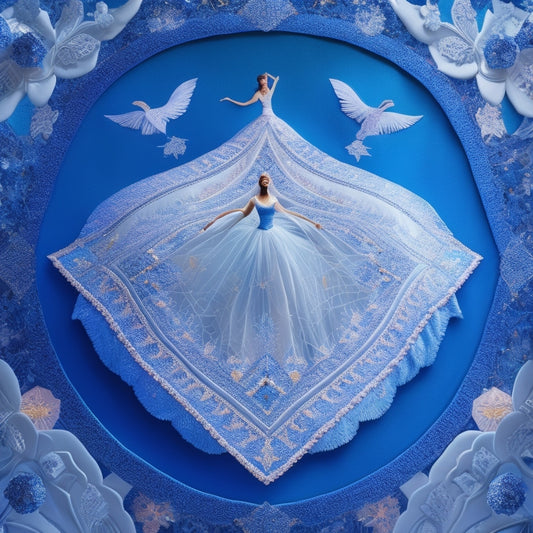 A whimsical illustration of a diamond-shaped quilt with sparkling, shimmering threads and intricate patterns, surrounded by dancing figures in flowing skirts, set against a soft, gradient blue background.