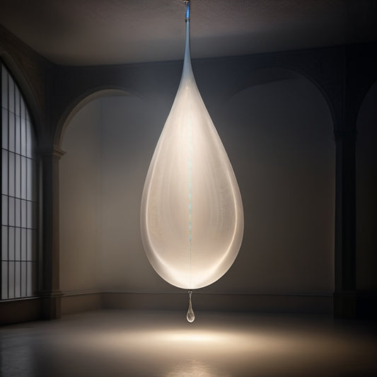 A dimly lit, misty atmosphere surrounds a large, transparent, tear-drop shaped sculpture, suspended from the ceiling, with hundreds of delicate, glowing fibers radiating from its center.