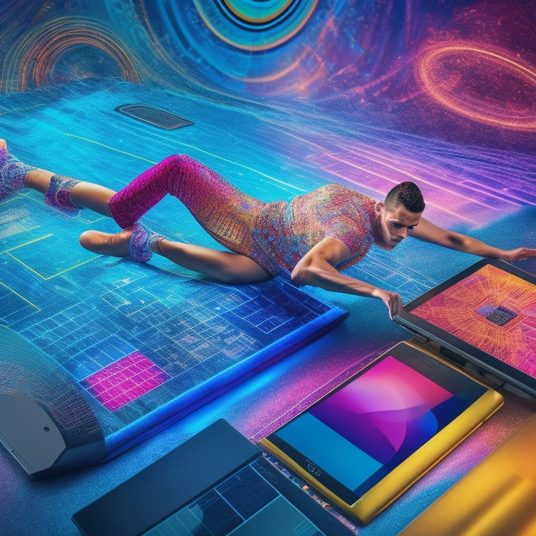 A vibrant illustration of a dancer in mid-pose, surrounded by laptops, tablets, and smartphones, with Wi-Fi signals and dance floor tiles blending together in a swirling pattern of movement and technology.