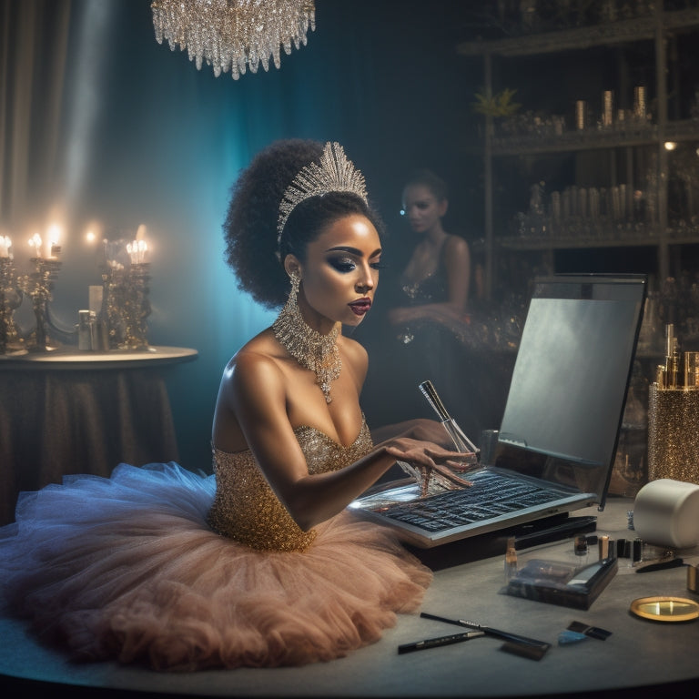 A glamorous, spot-lit dancer in a flowing tutu, surrounded by makeup brushes, palettes, and mirrors, with a laptop open to an online certification course in the foreground.