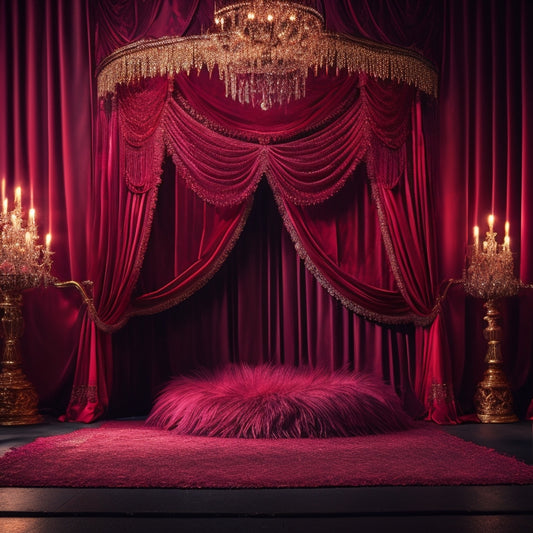 A lavish, crimson-draped stage with a velvet curtain, adorned with sparkling fringe and gold tassels, set against a dark, smoky backdrop, with a single, spotlight-lit feather boa lying center stage.