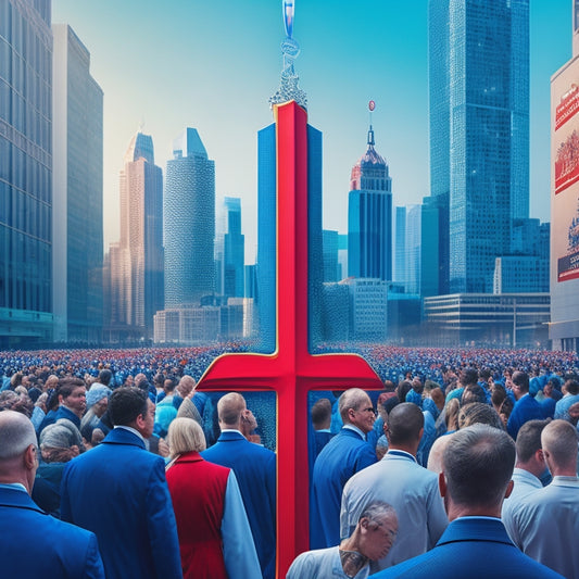 A stylized illustration of a cityscape in the background, with a prominent blue ribbon symbolizing awareness, wrapped around a red medical cross, surrounded by subtle, interconnected human silhouettes.