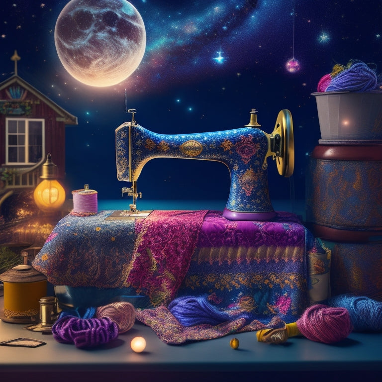 A whimsical illustration of a vintage sewing machine surrounded by a swirl of colorful fabrics, threads, and star-shaped quilting templates, set against a soft, starry night sky background.