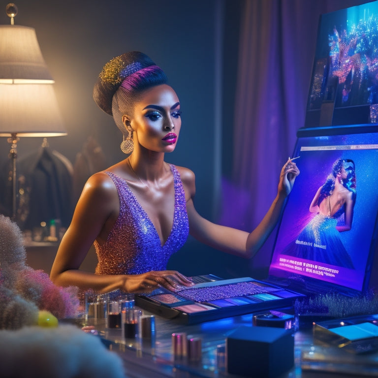 A glamorous, spot-lit dancer in mid-pose, surrounded by scattered makeup brushes, palettes, and mirrors, with a laptop open in the background, playing a dance makeup tutorial video.