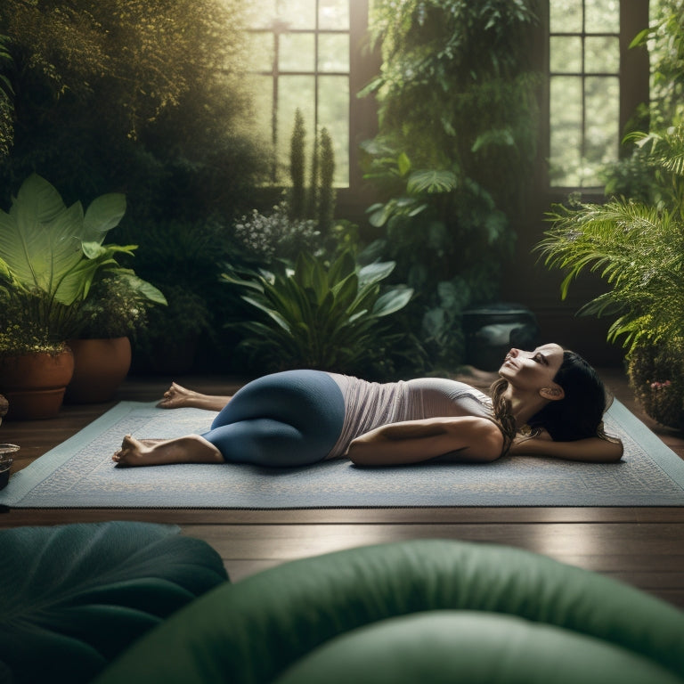 A serene, softly lit illustration of a person lying on a yoga mat, surrounded by calming plants, gently stretching their arms and legs in a peaceful, natural environment.
