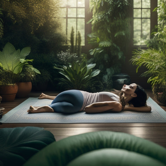 A serene, softly lit illustration of a person lying on a yoga mat, surrounded by calming plants, gently stretching their arms and legs in a peaceful, natural environment.