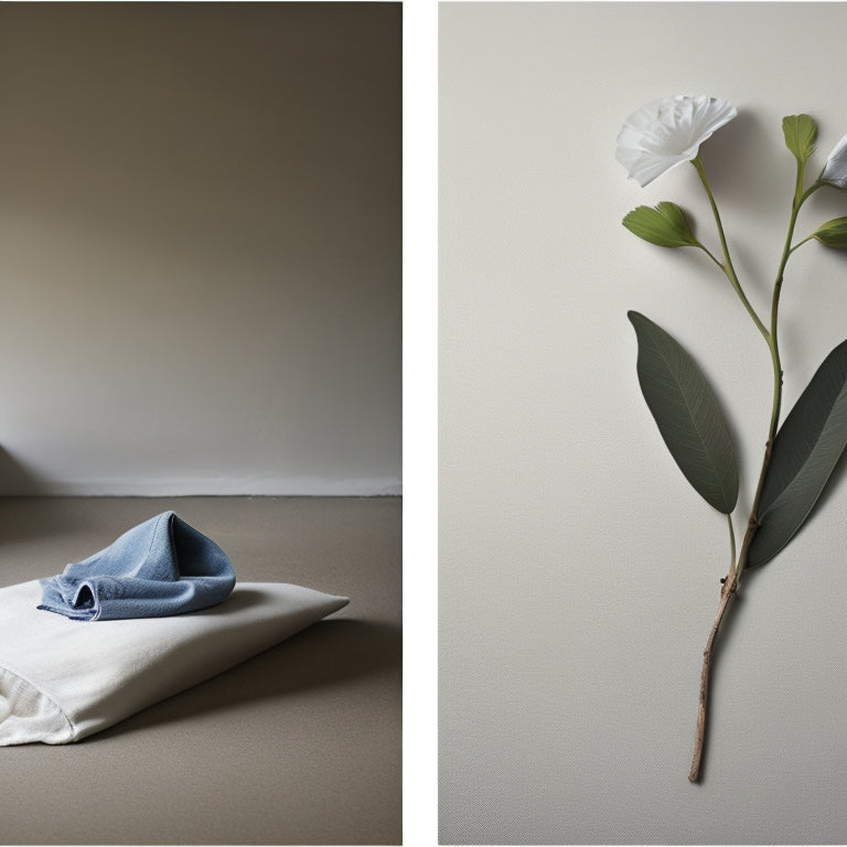 A serene, minimalist background with a split-screen composition: a blooming flower or a sprouting seedling on one side, and a discarded, crumpled up pair of jeans on the other, with a subtle, fading scale in the corner.