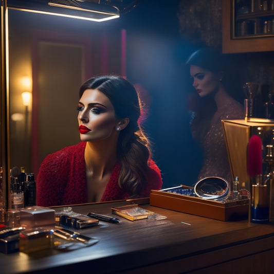 A dimly lit, intimate backstage area with a cluttered vanity, surrounded by makeup brushes, palettes, and mirrors, featuring a single, spotlight-lit model with a flawless, dramatic makeup look.