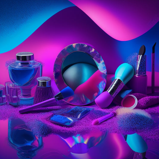 A vibrant, abstract background with swirling colors of pink, purple, and blue, surrounded by scattered makeup brushes, mirrors, and spotlights, with a subtle dance-inspired pattern of ballet shoes or tutus.