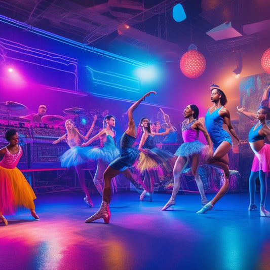 A vibrant illustration of a dance studio with a DJ booth in the corner, surrounded by dancers in various genres' attire, from hip-hop sneakers to ballet pointe shoes, amidst swirling music notes and colorful spotlights.