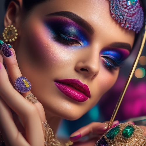 A close-up of a makeup artist's hands delicately holding a brush, surrounded by a sprawl of vibrant eyeshadows, lipsticks, and glittering jewels, with a blurred model's face in the background.