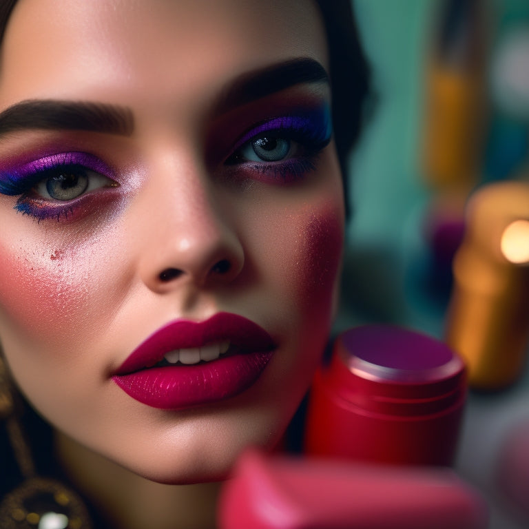 A close-up of a dancer's face, with smudged eyeliner, uneven eyebrows, and faded lipstick, surrounded by scattered makeup products and a broken mirror in the background.