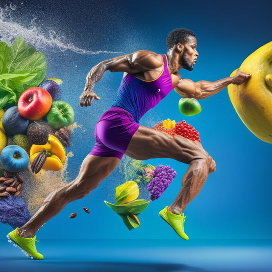A vibrant illustration featuring a strong, fit athlete in motion, surrounded by nutrient-dense foods like fruits, nuts, and lean proteins, with energetic splashes of color and dynamic movement lines.