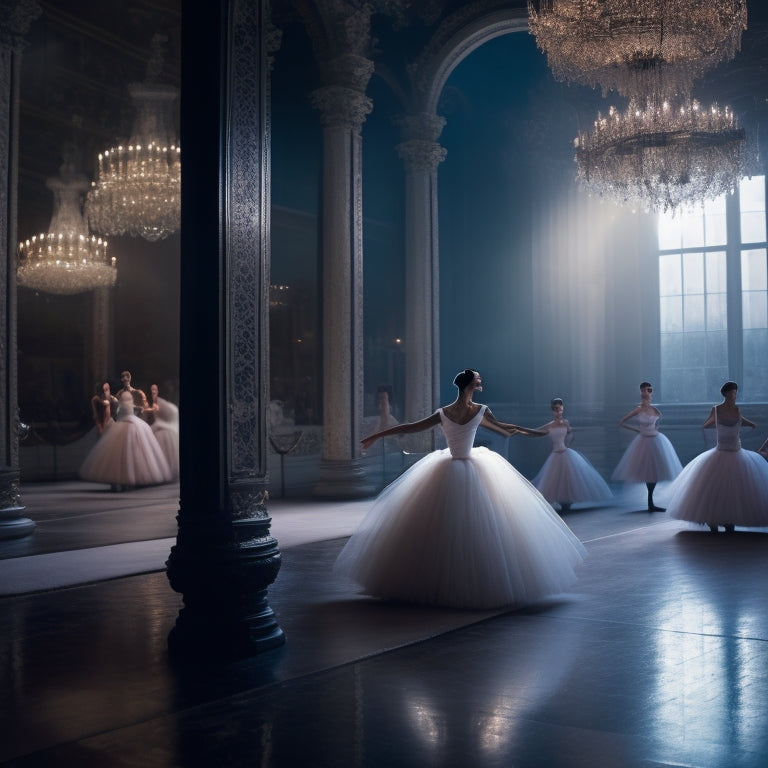 A dimly lit, ornate ballet studio with a lone dancer in a flowing white tutu, surrounded by mirrors, barres, and faintly visible photographs of ballerinas on the walls.