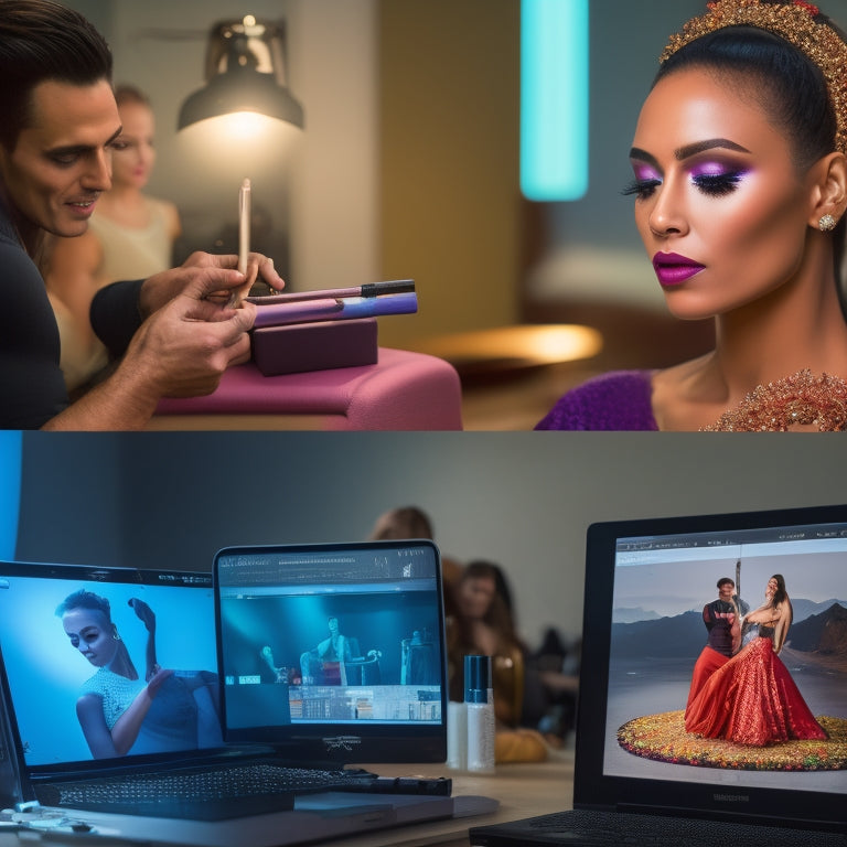 A split-screen image: a dance makeup artist applying makeup to a dancer in a studio on one side, and a laptop with a video call of a coach on the screen on the other side.