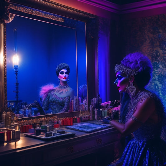 A dramatic, dimly lit vanity with a half-transformed drag artist, surrounded by scattered makeup brushes, wigs, and prosthetics, with a mirror reflecting a blurred, androgynous face.