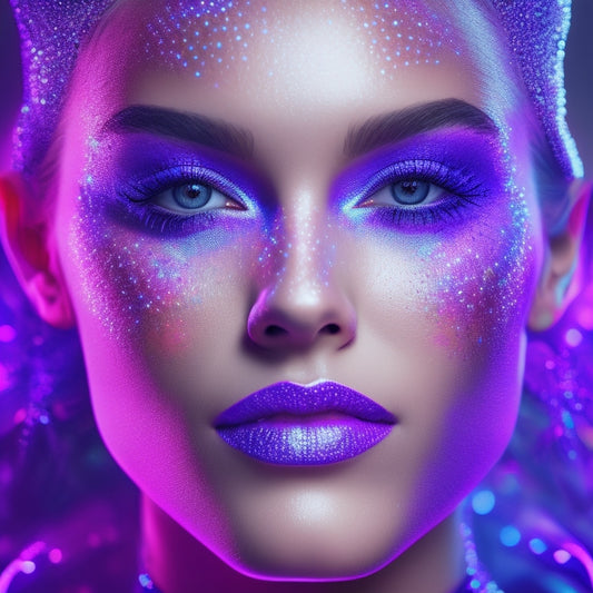 A mesmerizing, futuristic makeup design featuring neon-lit, swirling patterns on a dancer's face, with shimmering silver and pink hues, set against a dark, gradient background with subtle, pulsing lights.