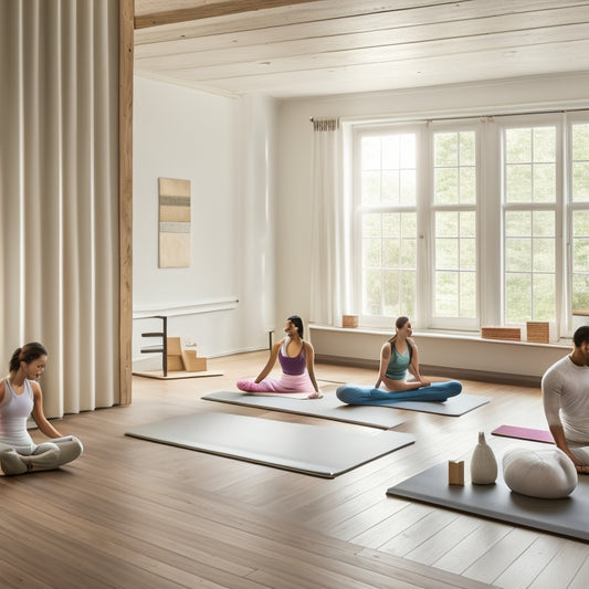 A serene, well-lit yoga studio with a wooden floor, featuring a few students in various gentle poses, surrounded by props like blocks, straps, and bolsters, with a subtle, calming color palette.