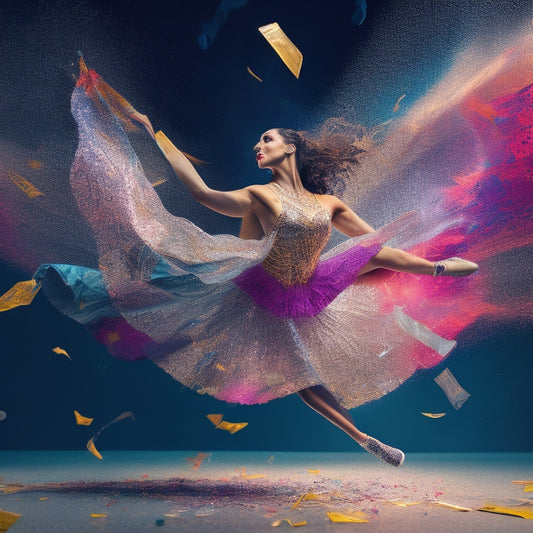 A vibrant, dynamic illustration of a dancer in mid-leap, surrounded by swirling musical notes, shattered glass shards, and torn pages from a traditional handbook, with a bright light bursting from the shattered remains.