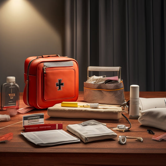 A serene, well-lit background with a prominent, centered first-aid kit, surrounded by scattered, yet organized, medical supplies, and a subtle, blurred-out instructor's manual in the top-left corner.