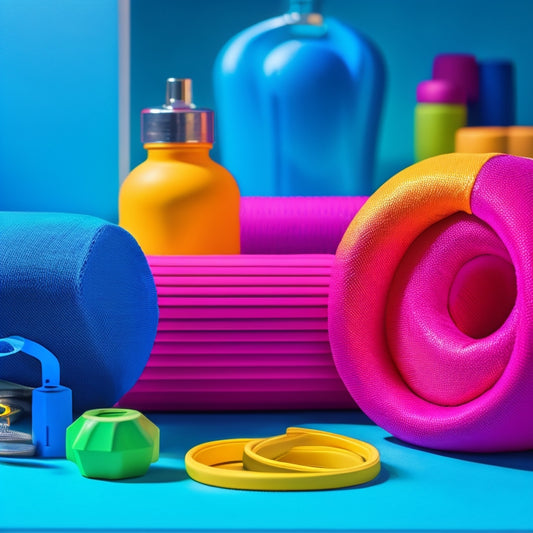 A vibrant assortment of colorful, stylish hair ties displayed on a textured gym mat, surrounded by fitness accessories like a water bottle, yoga mat, and dumbbells, capturing an energetic and active lifestyle.