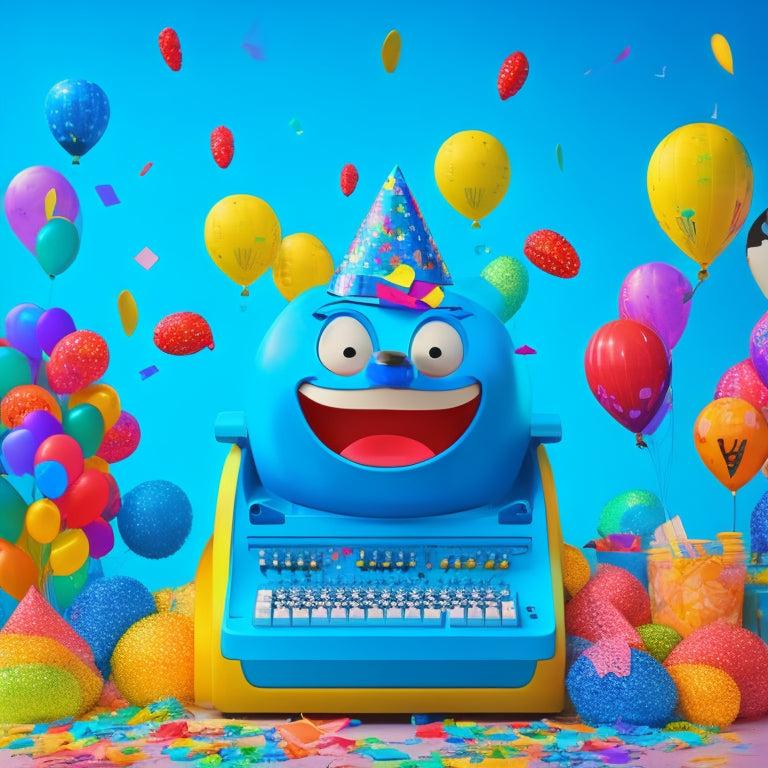 A vibrant, whimsical illustration featuring a smiling cartoon character, surrounded by BBC-branded typing machines, confetti, and colorful balloons, set against a bright blue background with subtle keyboard patterns.