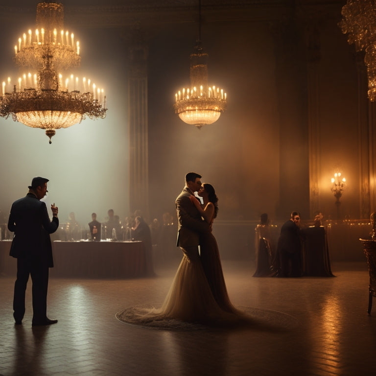 A dramatic, dimly lit ballroom with a lone tango couple, lost in a sensual embrace, surrounded by swirling mist, with subtle hints of Buenos Aires architecture in the blurred background.