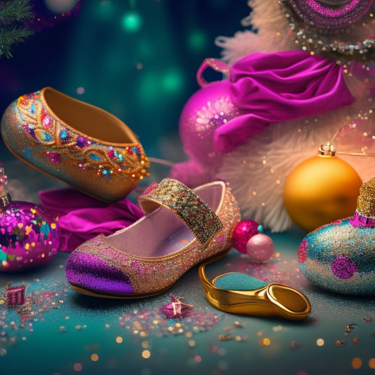 A whimsical illustration of ornaments in various dance-inspired shapes, such as ballet slippers, music notes, and swirling skirts, amidst sparkling glitter and swirling patterns of colorful fabrics.