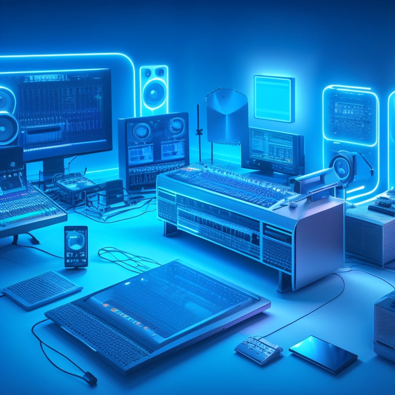 A futuristic, minimalist illustration of a recording studio with sleek, silver equipment and glowing blue circuits, surrounded by orbiting icons of laptops, tablets, and smartphones.