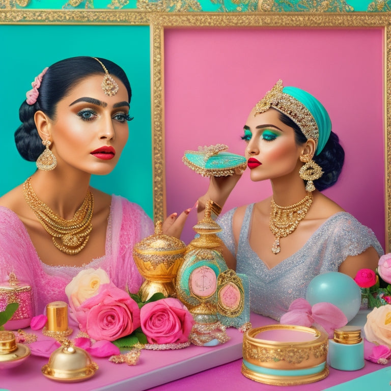 A whimsical, pastel-colored background with Princess Farhana and DeVilla surrounded by vintage makeup containers, antique mirrors, and ornate jewelry, amidst a scattering of rose petals and pearls.