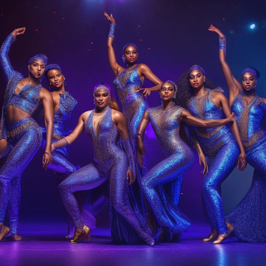 A group of diverse, dynamic dancers, spotlight-lit, posing in bold, flowing costumes with metallic accents, set against a dark, gradient-blue background with subtle, shimmering stars.