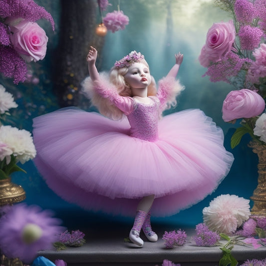 A delicate, porcelain-skinned doll with bright pink hair, wearing a flowing, lavender tutu, stands on one leg, arms outstretched, amidst a whimsical background of swirling, pastel-colored ribbons and flowers.