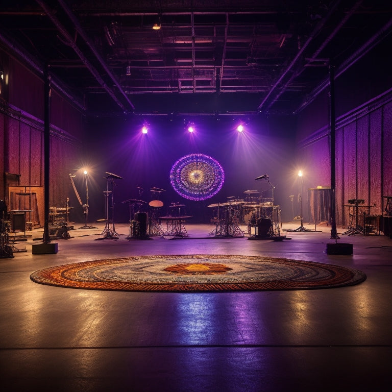 A dimly lit, industrial-chic performance space with a sprawling wooden dance floor, surrounded by floor-to-ceiling windows, mirrors, and eclectic props, illuminated by a kaleidoscope of colorful stage lights.