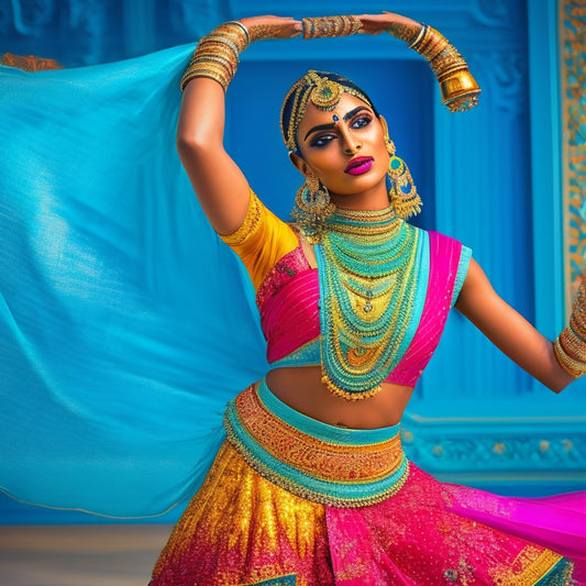 A colorful illustration of a dynamic Indian dancer in motion, adorned with intricately patterned sari and jewelry, set against a vibrant turquoise background with subtle golden accents.